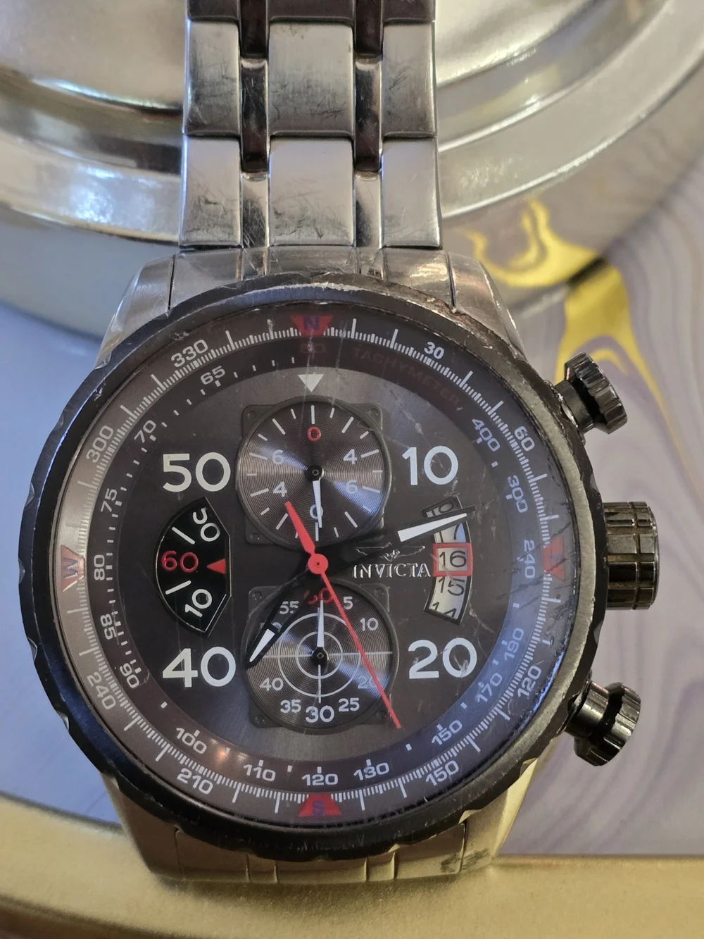 Invicta Men’s Black Chronograph Stainless Steel Watch Crown Damaged